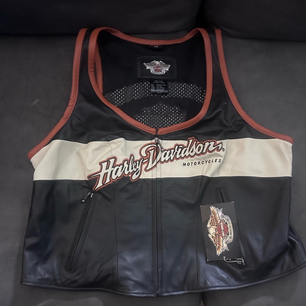 Harley-Davidson Black and Cream Leather Vest with Logo